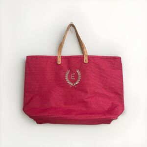 Ballard Designs Burlap Jute Pink Embroidered “E” Beach Bag Shopping Tote Large